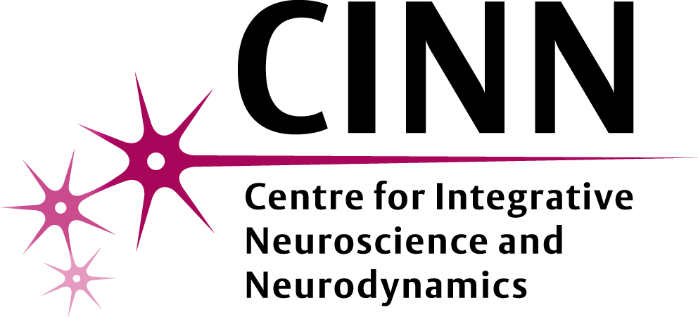 Logo of the Centre for Integrative Neuroscience and Neurodynamics, with the initials CINN written in capital black letters above a schematic representation of three connected neurons in shades of purple