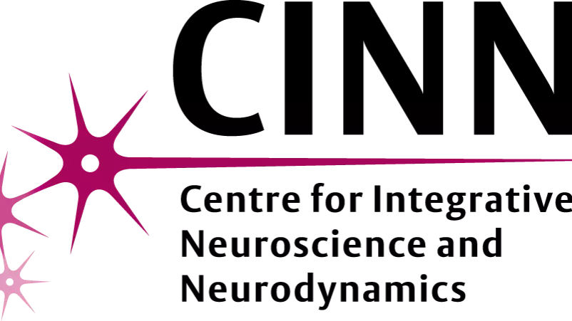 Logo of the Centre for Integrative Neuroscience and Neurodynamics, with the initials CINN written in capital black letters above a schematic representation of three connected neurons in shades of purple
