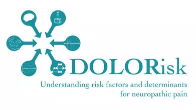 DOLORisk logo: 6 bubbles in a circle with arrows pointing towards the centre, next to text "DOLORisk: Understanding risk factors and determinants for neuropathic pain", in dark teal blue