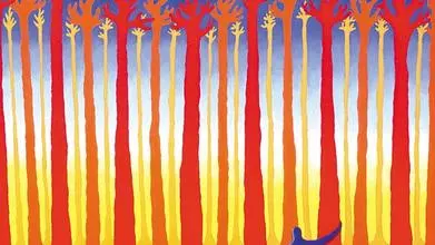 A painting by Petrone of a person in blue standing in a forest of tall, red and orange trees, with the moon a white circle on a dark blue sky above the forest.