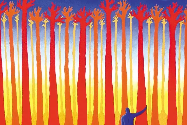 A painting by Petrone of a person in blue standing in a forest of tall, red and orange trees, with the moon a white circle on a dark blue sky above the forest.