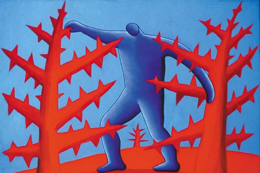 Painting titled "The pain of it all" by artist and cancer patient Michele Angelo Petrone. A blue figure stands trapped, caught between two red prickly cacti.